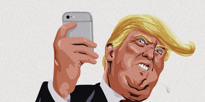A cartoon of Donald Trump with a phone.