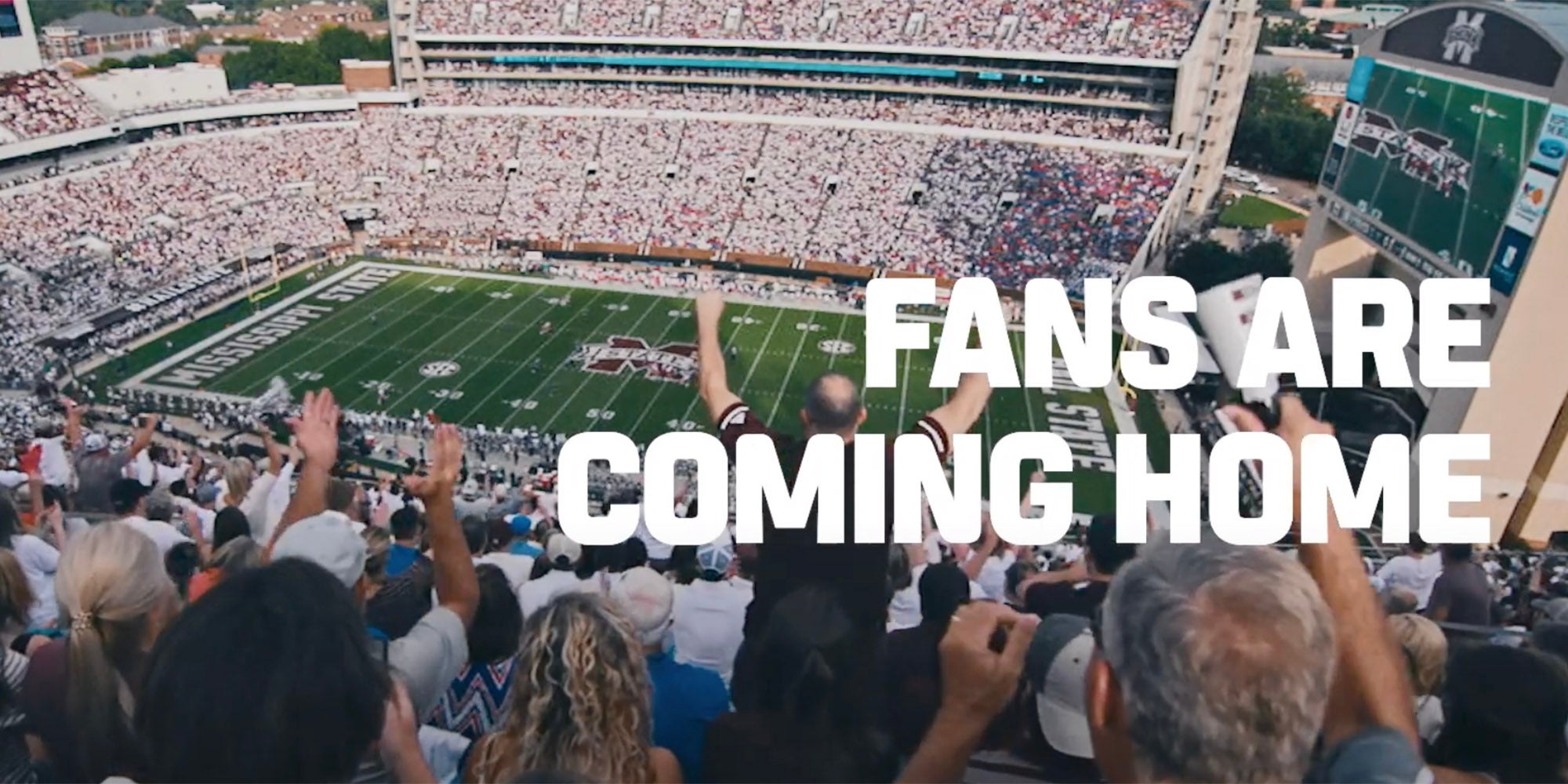 espn college football poster showing fans cheering in a stadium with the words "Fans are coming home"