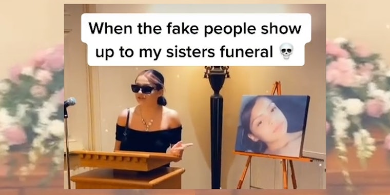 young woman wearing sunglasses, pointing finger with caption 'When the fake people show up to my sisters funeral'