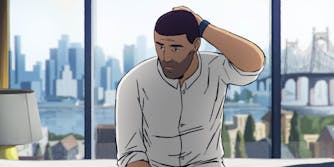 animated man with left hand behind his head