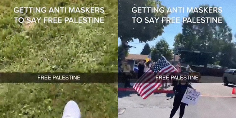 sneaker on grass with caption 'Getting anti maskers to say free Palestine' (l) person with flag and sign