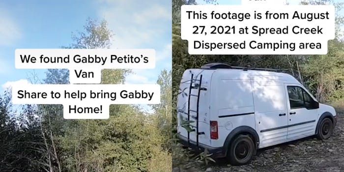 white van in forest with captions "We found Gabby Petito's Van. Share to help bring Gabby Home!" and "This footage is from August 27, 2021 at Spread Creek Dispersed Camping Area"