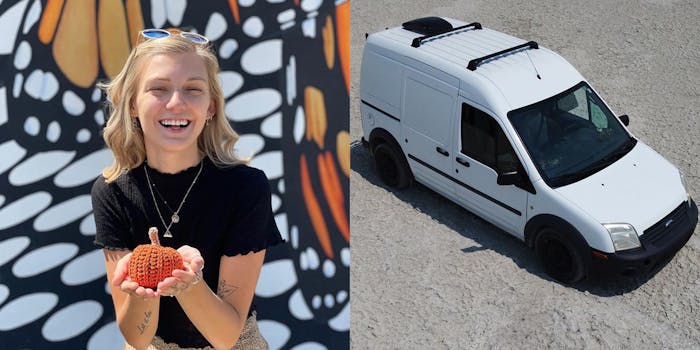 gabby petito holding knitted pumpkin (l) white van on sand (r)