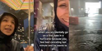 woman goes out into storm with umbrella, "when you accidentally go on a first date in a hurricane because you feel bad canceling last minute and he wants to go, remnants of hurricane ida