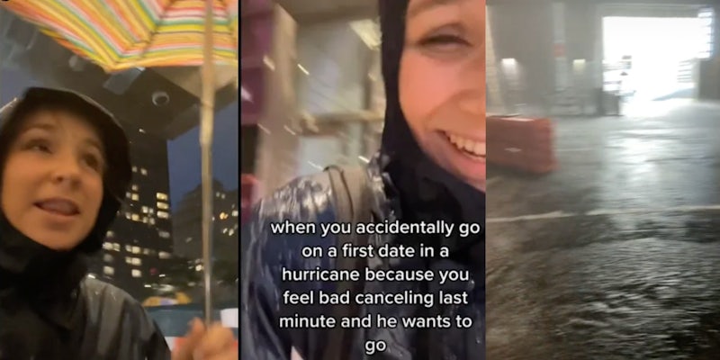 woman goes out into storm with umbrella, 'when you accidentally go on a first date in a hurricane because you feel bad canceling last minute and he wants to go, remnants of hurricane ida
