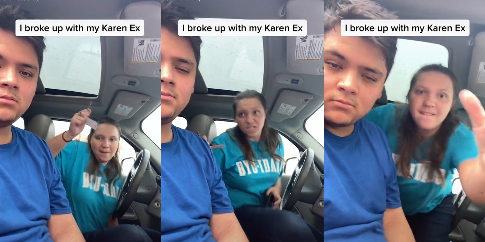 woman trying to attack man with car keys with caption 'I broke up with my Karen Ex'