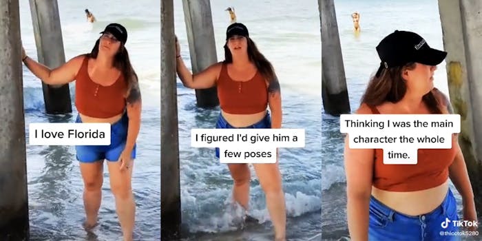 woman posing under pier with captions "I love Florida" (L) "I figured I'd give him a few poses" (C) and "Thinking I was the main character the whole time." (R)