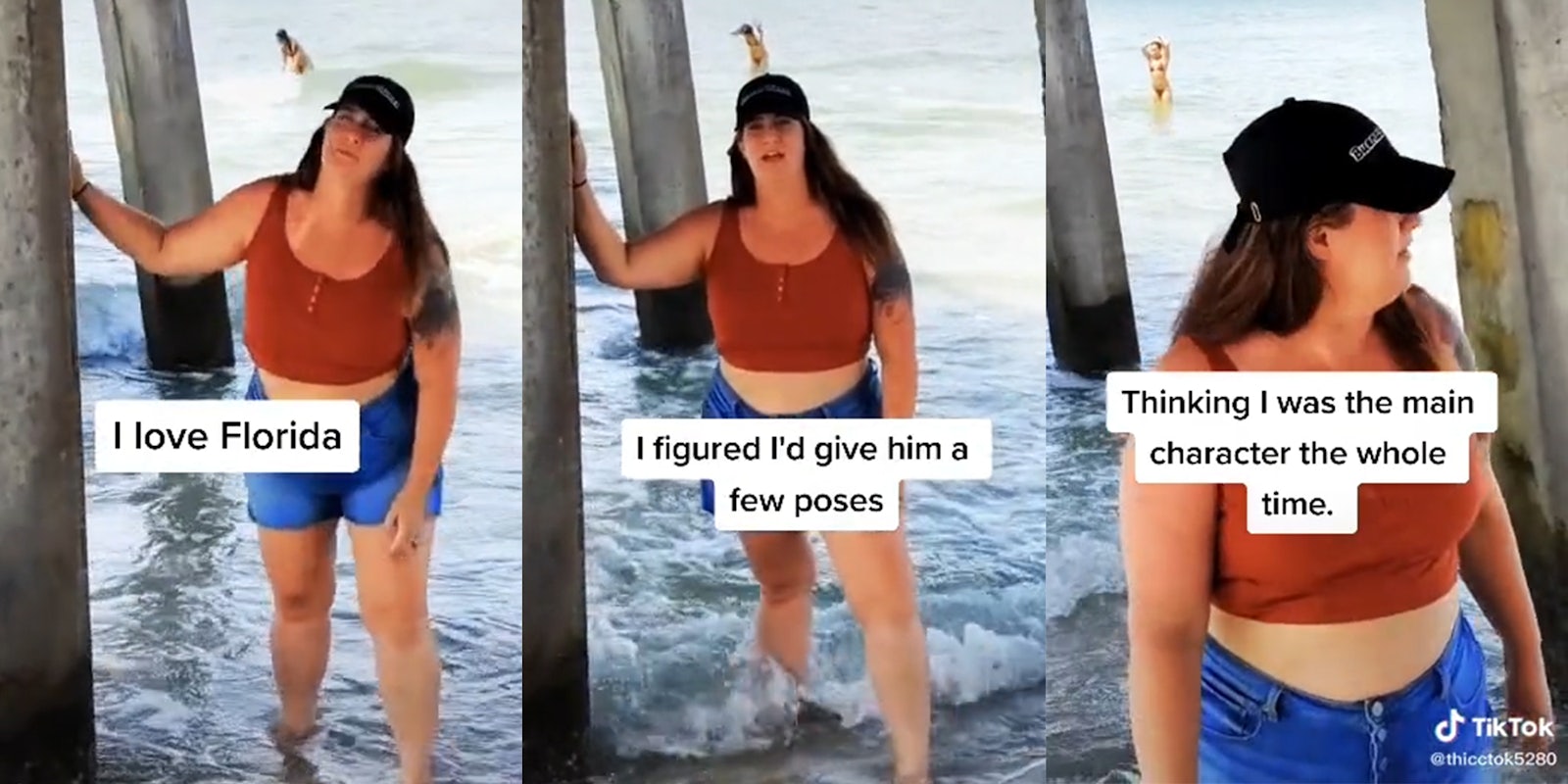 woman posing under pier with captions 'I love Florida' (L) 'I figured I'd give him a few poses' (C) and 'Thinking I was the main character the whole time.' (R)