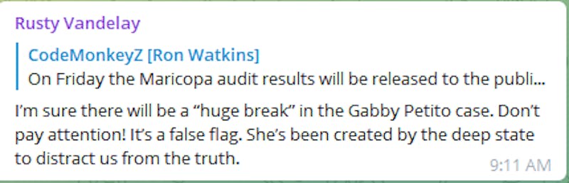 ’m sure there will be a “huge break” in the Gabby Petito case. Don’t pay attention! It’s a false flag. She’s been created by the deep state to distract us from the truth.