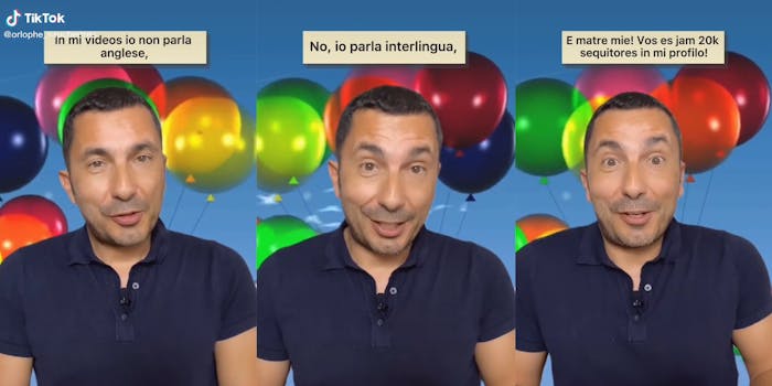man in front of balloons speaking "interlingua"