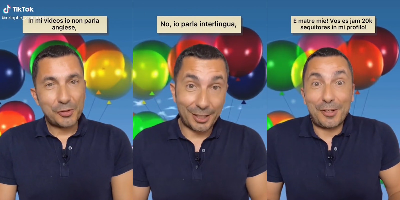 man in front of balloons speaking 'interlingua'