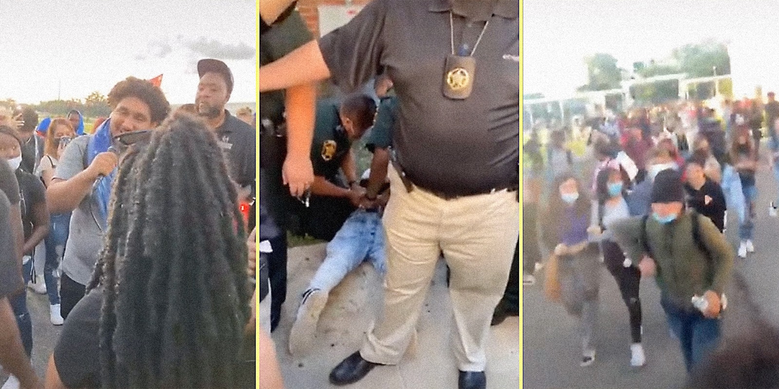 Kids at a rally (L), cops arresting a kid (C), and kids marching together (R).