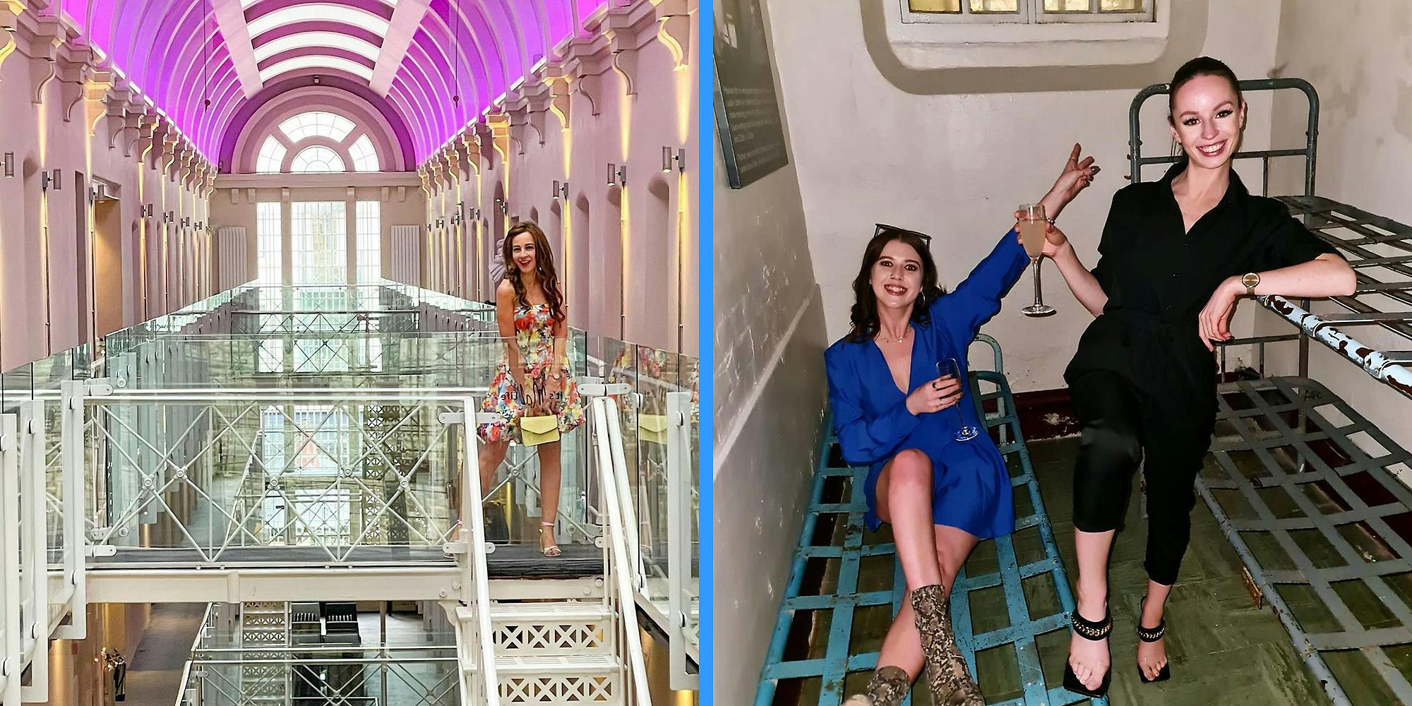 A woman in a converted prison (L) and two women drinking in a prison cell (R).