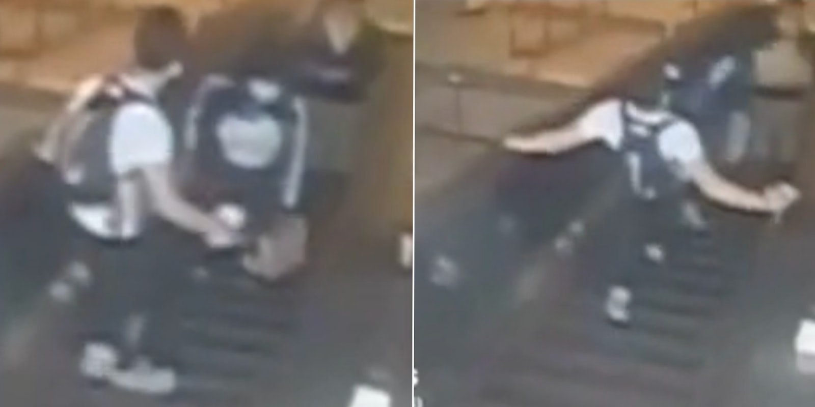 man pushes woman down escalator