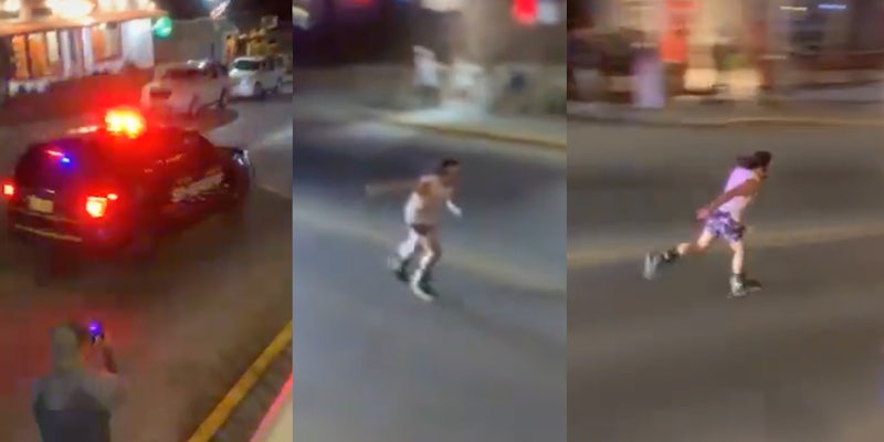 man roller skating away from cop car