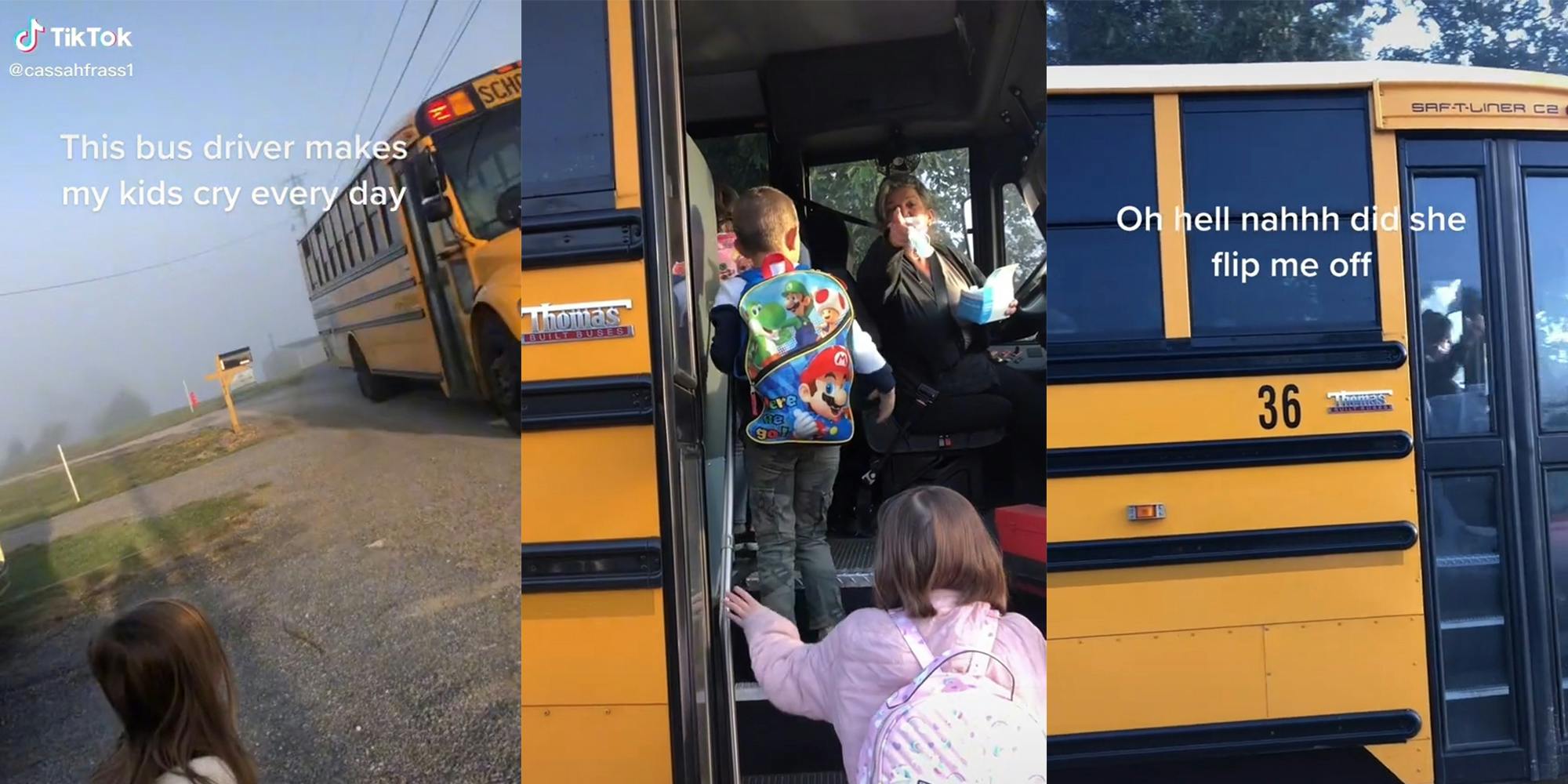 girl waiting for bus with caption "This bus driver makes my kids cry every day" (l) bus driver pointing finger (c) bus driving away with driver gesturing and caption "oh hell nahhh did she flip me off"