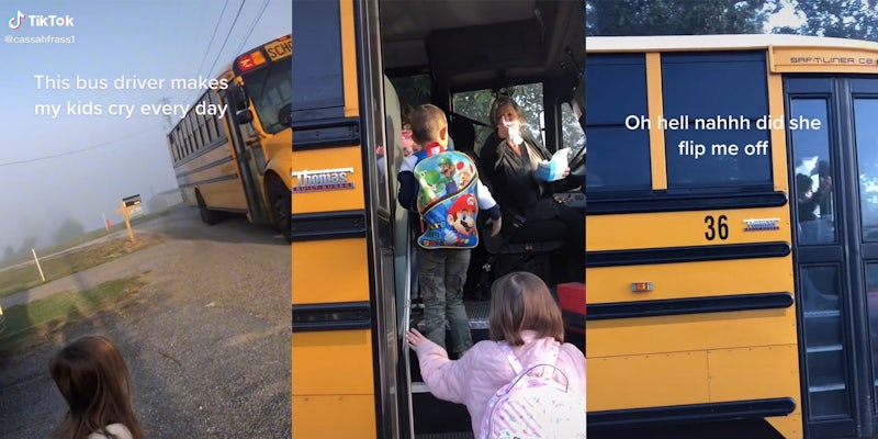 girl waiting for bus with caption 'This bus driver makes my kids cry every day' (l) bus driver pointing finger (c) bus driving away with driver gesturing and caption 'oh hell nahhh did she flip me off'