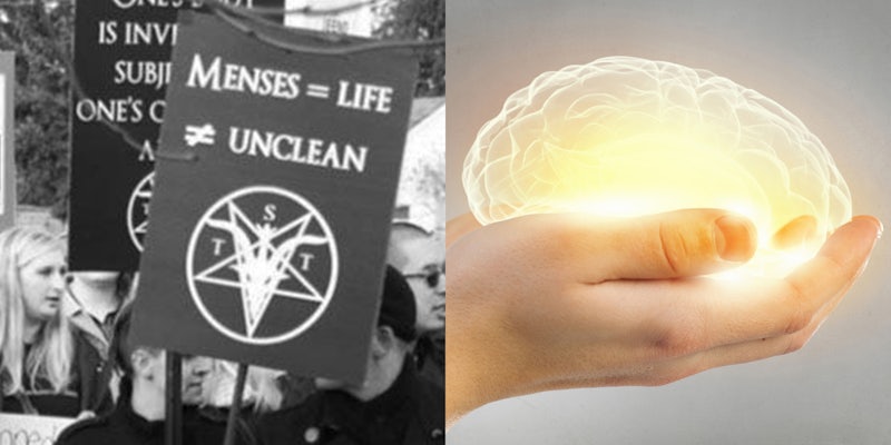 newsletter satanic temple protest and hand with brain