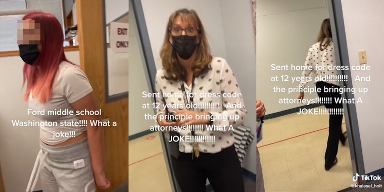 young woman with caption 'Ford middle school Washington state!!!! What a joke!!!' (l) woman in mask (c) woman walking out of room with caption 'Sent home for dress code at 12 years old!!!! And the principle bringing up attorneys!!! What aA JOKE!!!!'