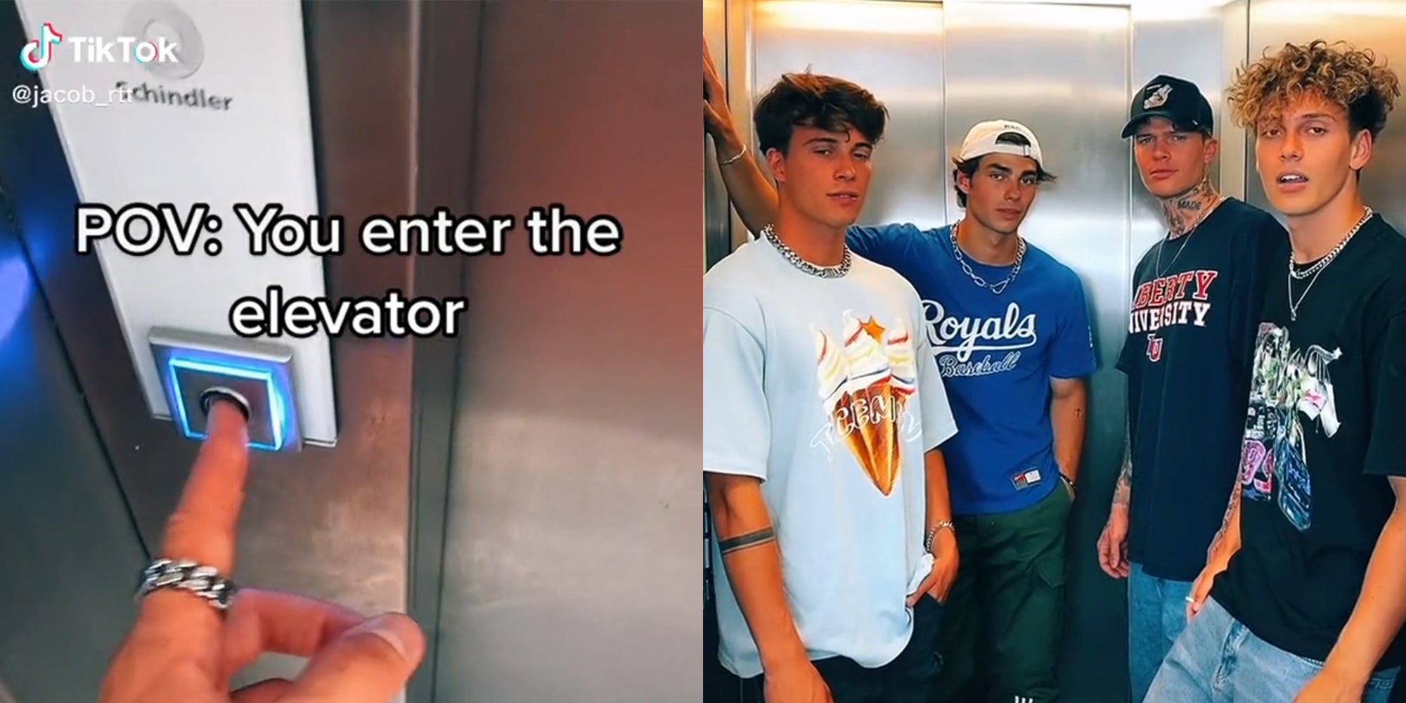 person pressing elevator button with caption "POV: You enter the elevator