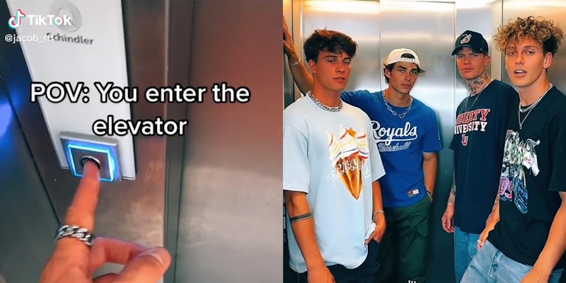 person pressing elevator button with caption 'POV: You enter the elevator