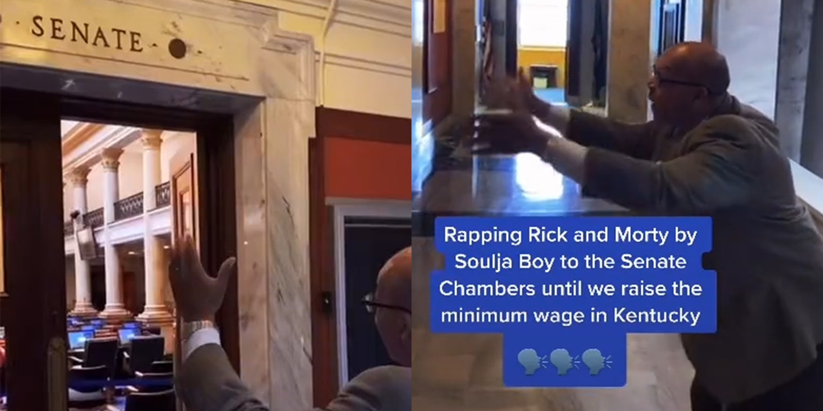 man waving arms near doorway labeled 'Senate' (l) man waving arms with caption 'Rapping Rick and Morty by Soulja Boy to the Senate Chambers until we raise the minimum wage in Kentucky' (r)