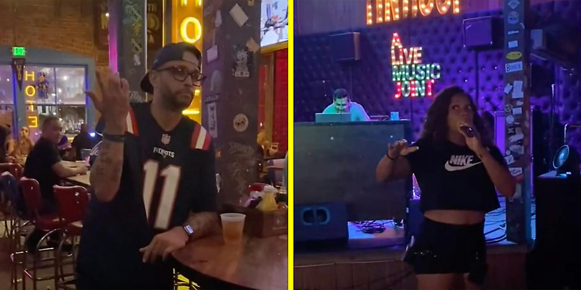 A man in a bar (L) and a woman singing in a bar (R).