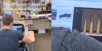 young man at desk looking up guns with caption "It's only the second week of school in America for me" (l) over the shoulder of young man, google results for guns and bullets (r)