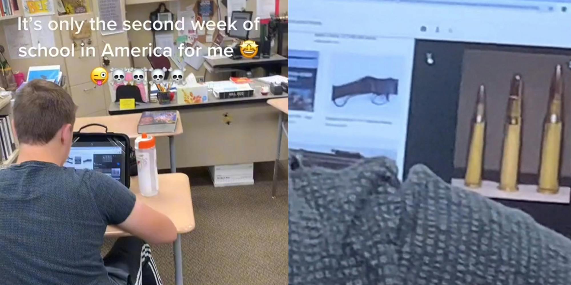 young man at desk looking up guns with caption "It's only the second week of school in America for me" (l) over the shoulder of young man, google results for guns and bullets (r)