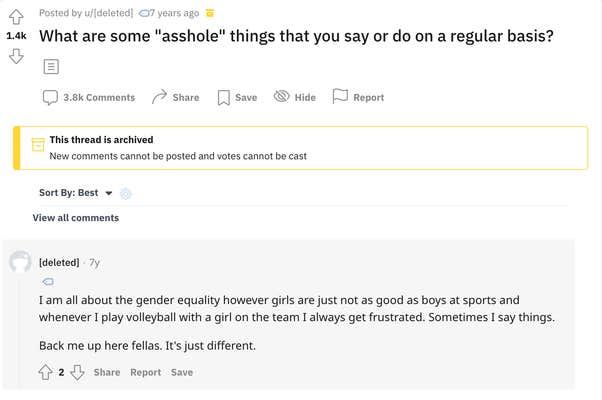 A screenshot of a simu liu askreddit post saying, "girls are just not as good as boys at sports."