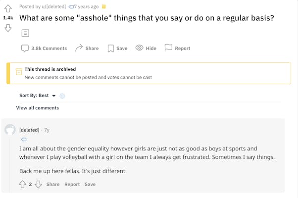 A screenshot of a simu liu askreddit post saying, "girls are just not as good as boys at sports."