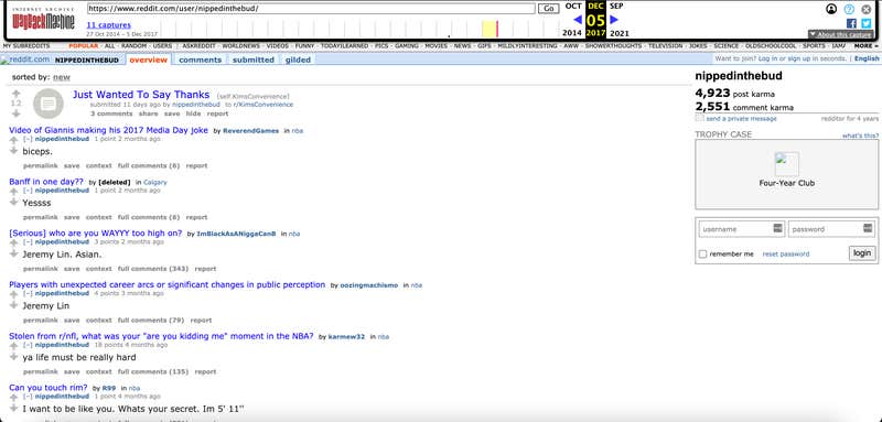 A screenshot showing u/nippedinthebud's reddit profile in 2017, which is alleged to have belonged to actor Simu Liu.