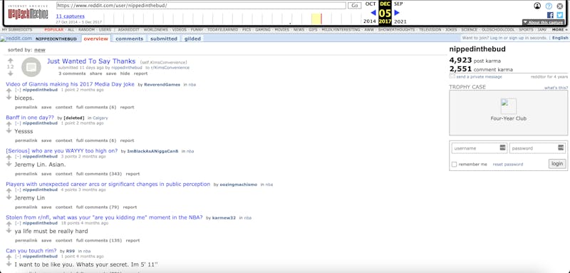 A screenshot showing u/nippedinthebud's reddit profile in 2017, which is alleged to have belonged to actor Simu Liu. 