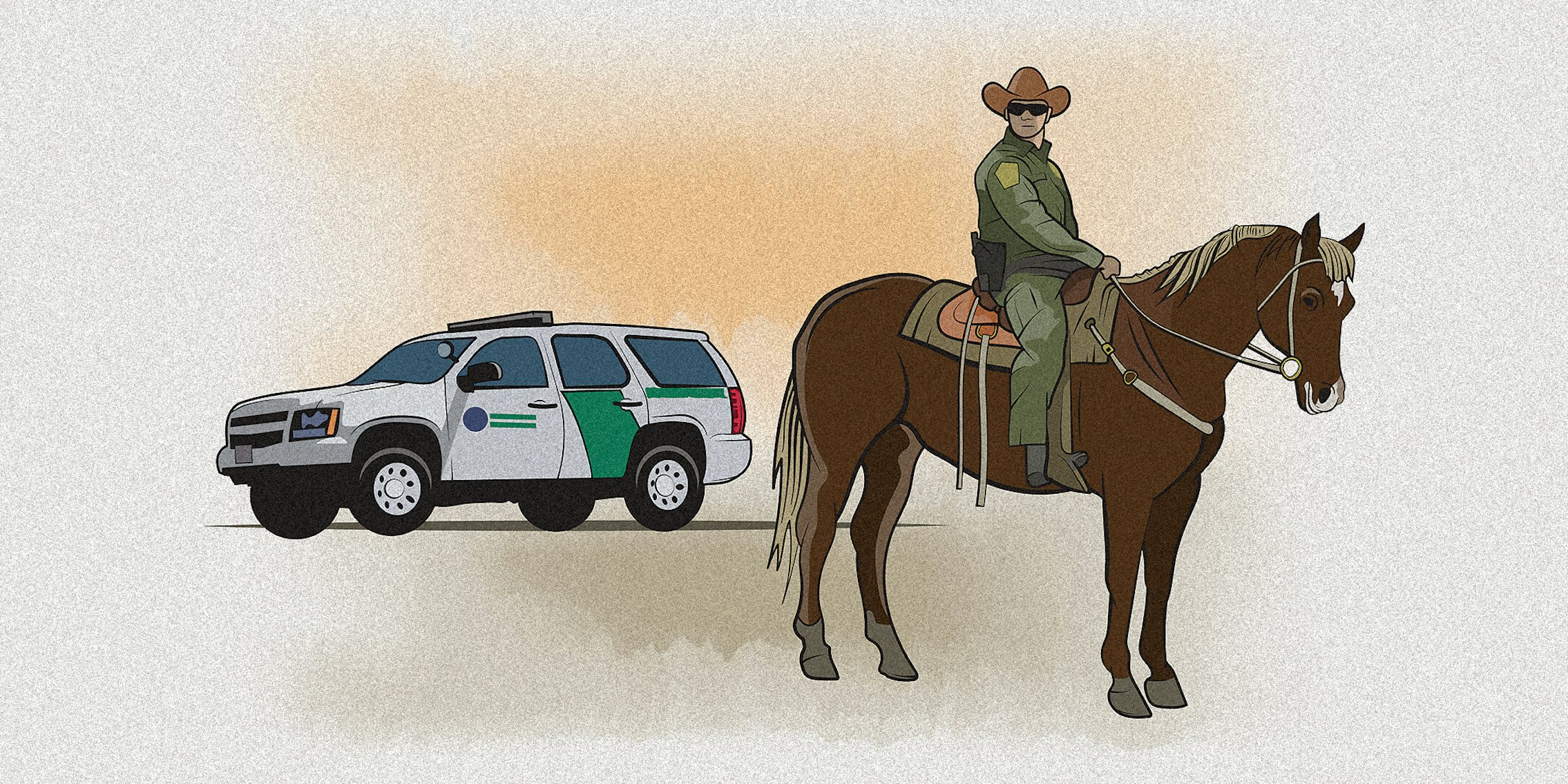 A cartoon of US border patrol agent on a horse.