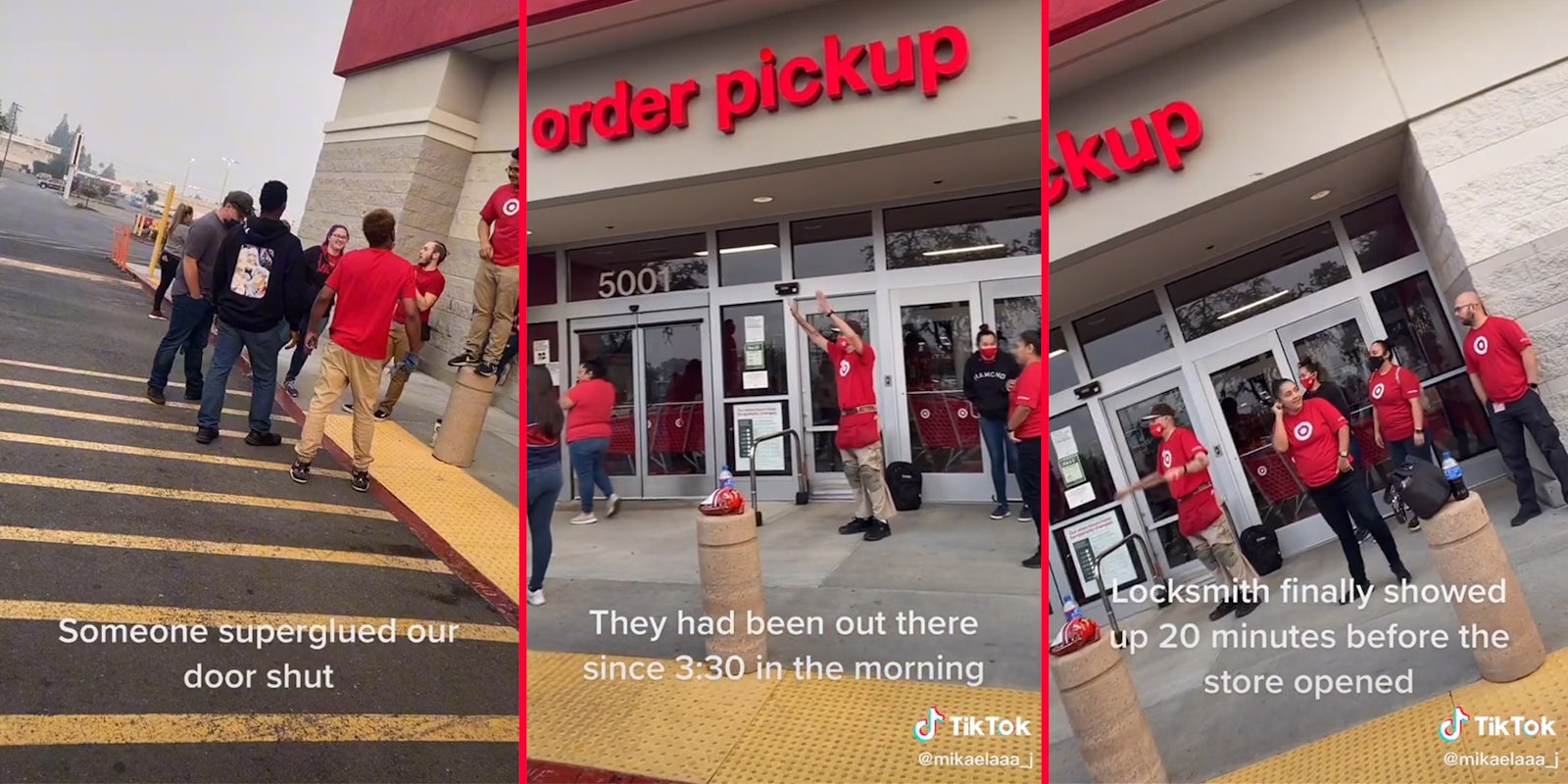 workers outside target with captions 'Someone superglued our door shut. They had been out there since 3:30 in the morning. Locksmith finally showed up 20 minutes before the store opened.'