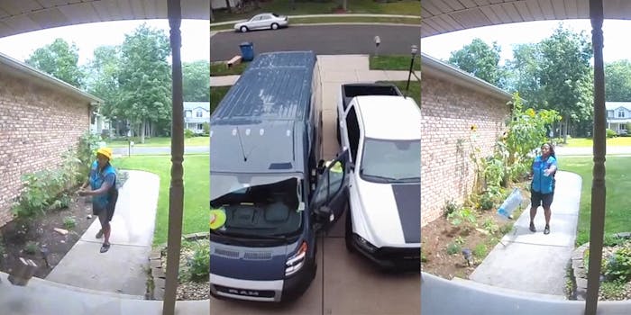 amazon delivery driver throws package (l&r) amazon driver hits truck with door (c)