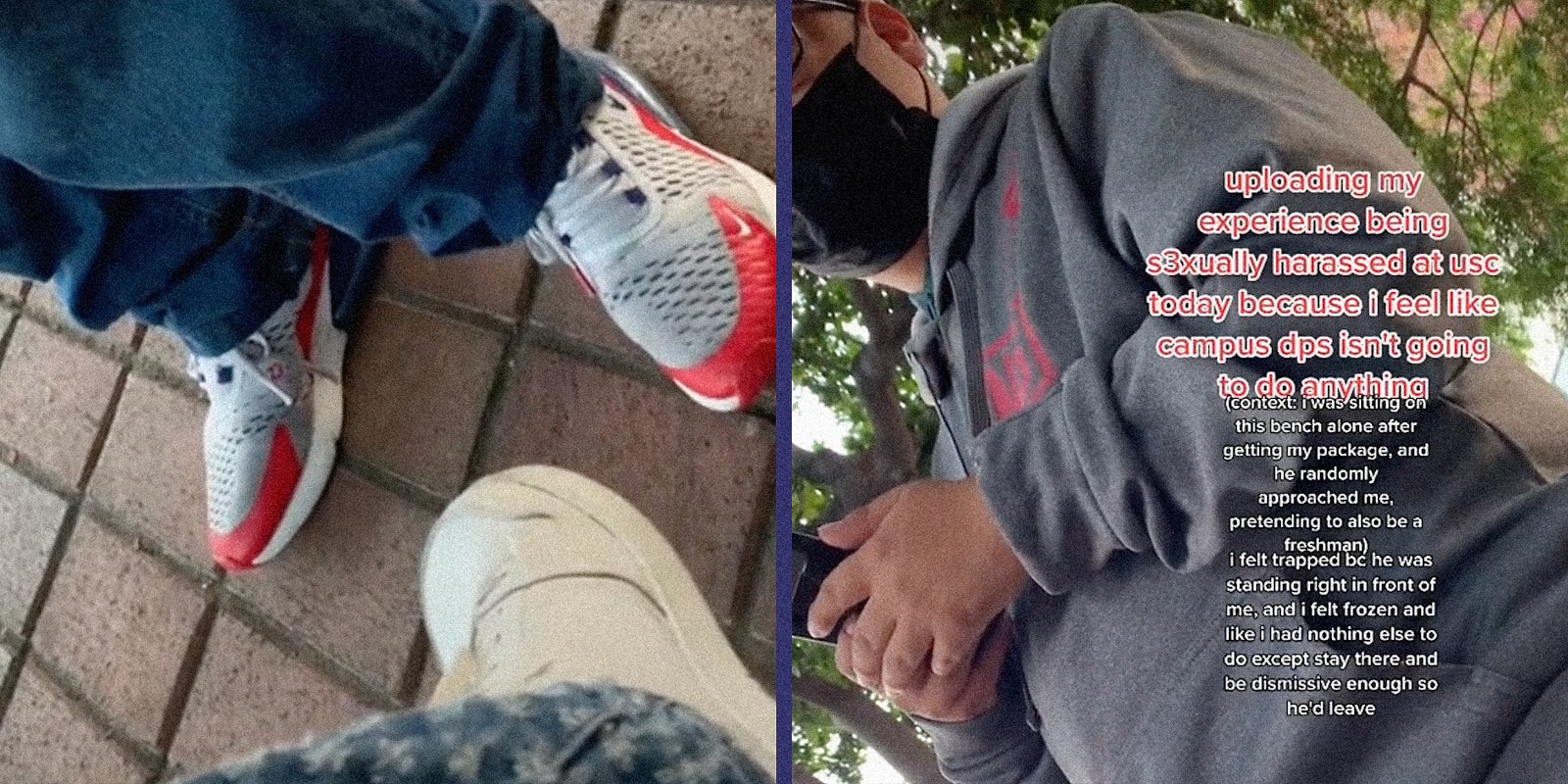 Two people's feet (L) and a guy in a hoodie (R).