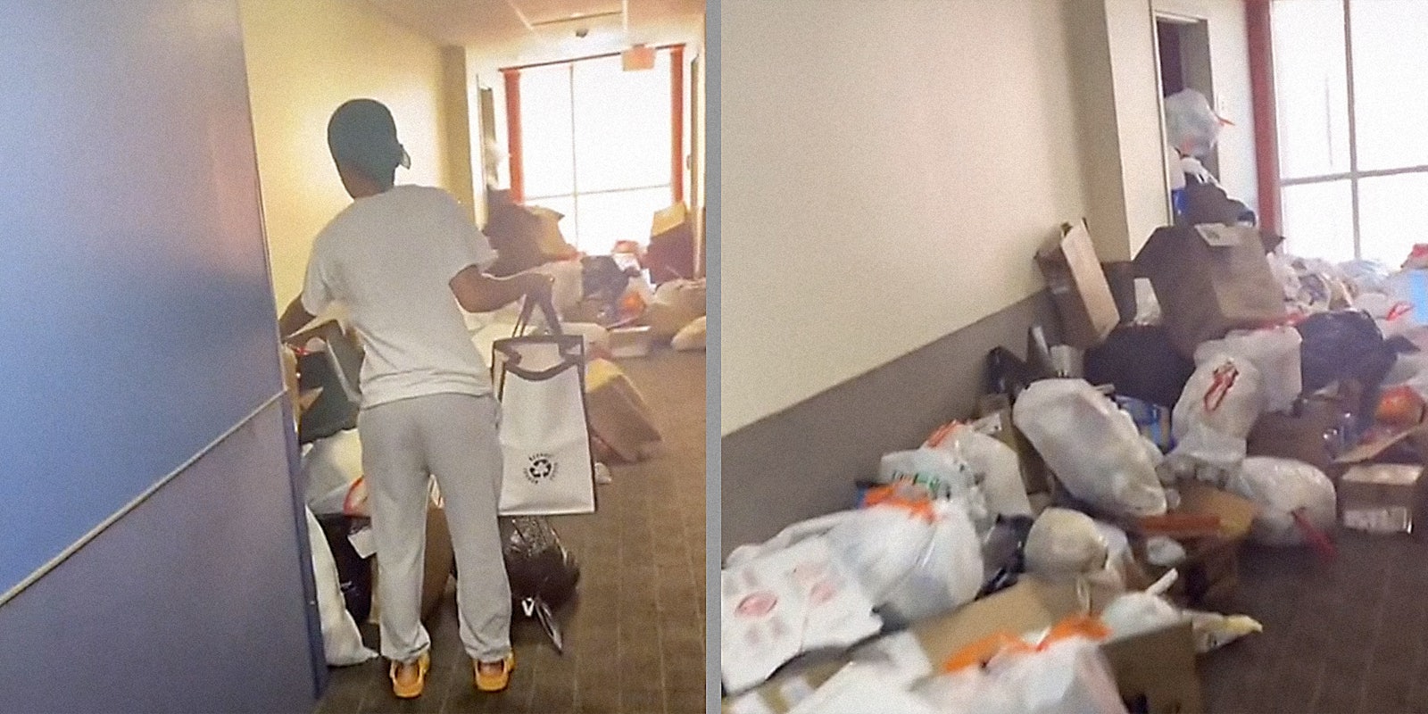 A woman in a hallway (L) and trash piled up in a hallway (R).
