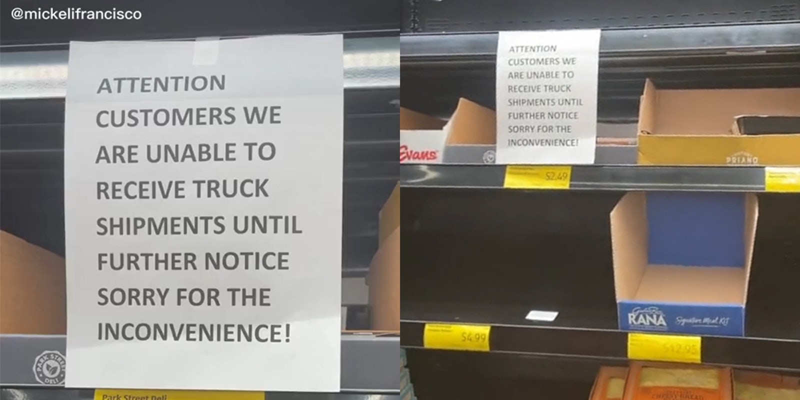 empty shelves with sign that reads 'Attention customers we are unable to receive truck shipments until further notice sorry for the incovnenience!'