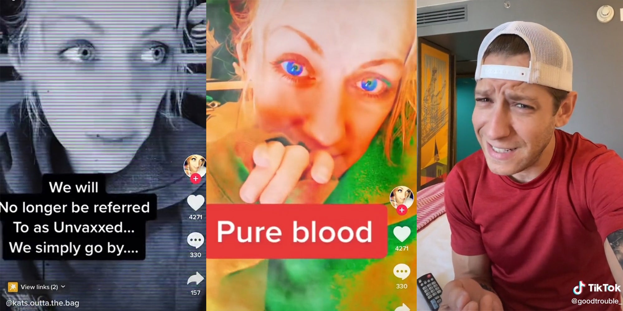 woman with caption 'We will No longer be referred To as Unvaxxed... We simply go by...' (l) woman with caption 'Pure blood' (c) dismayed man (r)