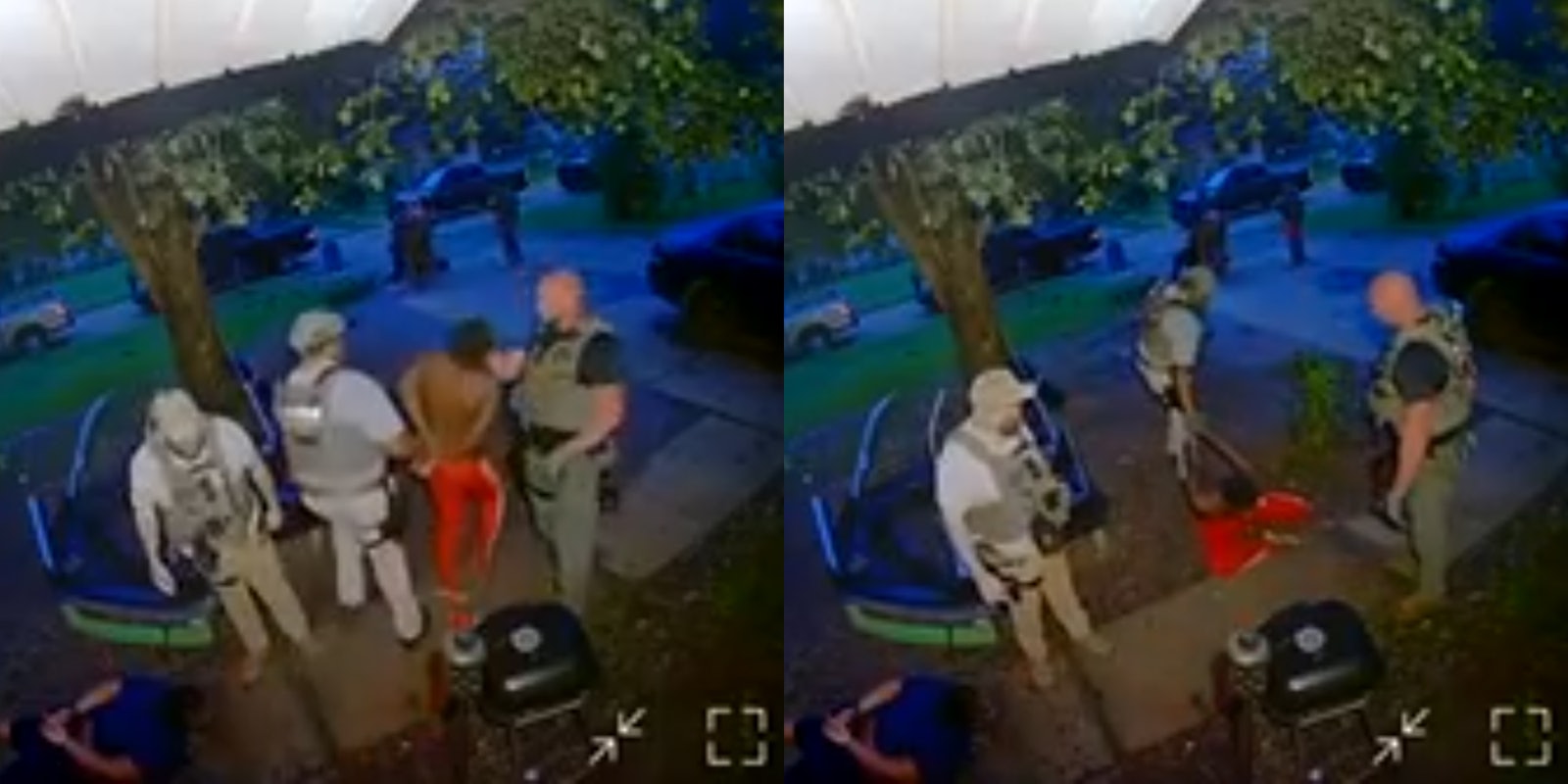 police punch handcuffed man in the face (l) police drag handcuffed man across the ground after he's fallen from being punched in the face