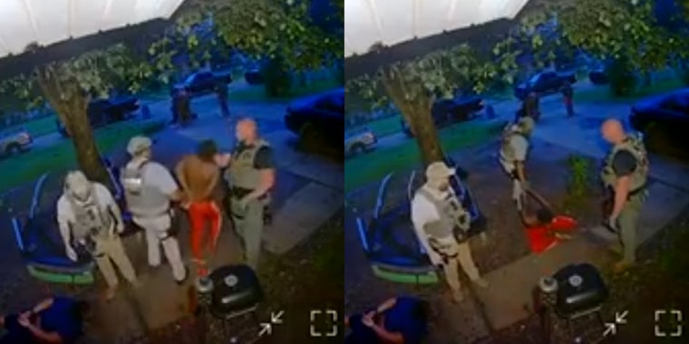 police punch handcuffed man in the face (l) police drag handcuffed man across the ground after he's fallen from being punched in the face