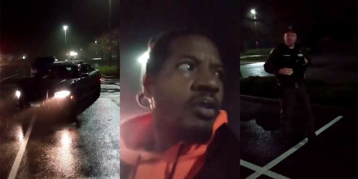 police car in parking lot (l) man standing in parking lot (c) sheriff walking through parking lot (r)