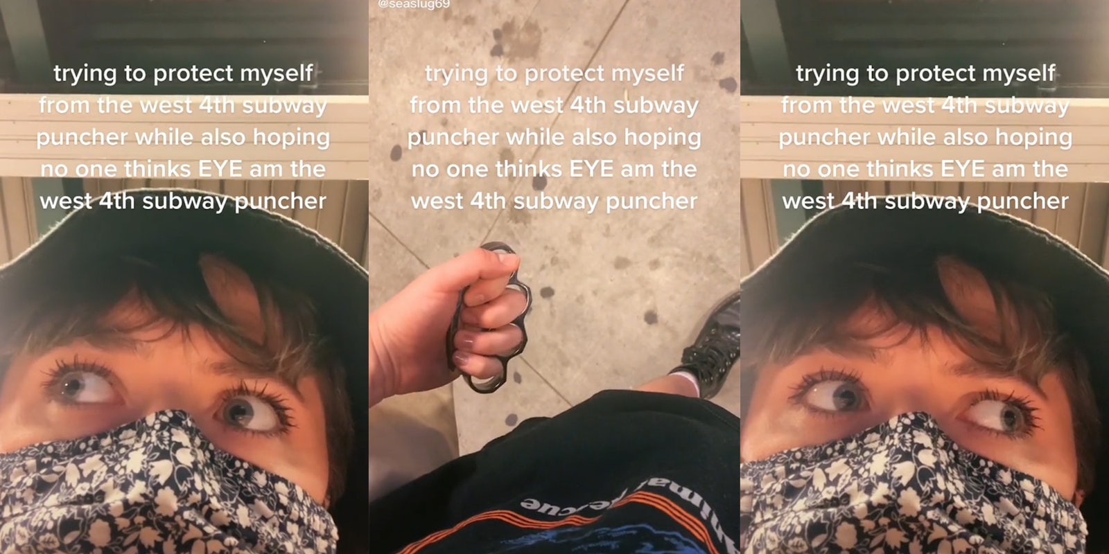person holding brass knuckles, looking from side to side with caption 'trying to protect myself from the west 4th subway puncher while also hoping no one things EYE am the west 4th subway puncher'