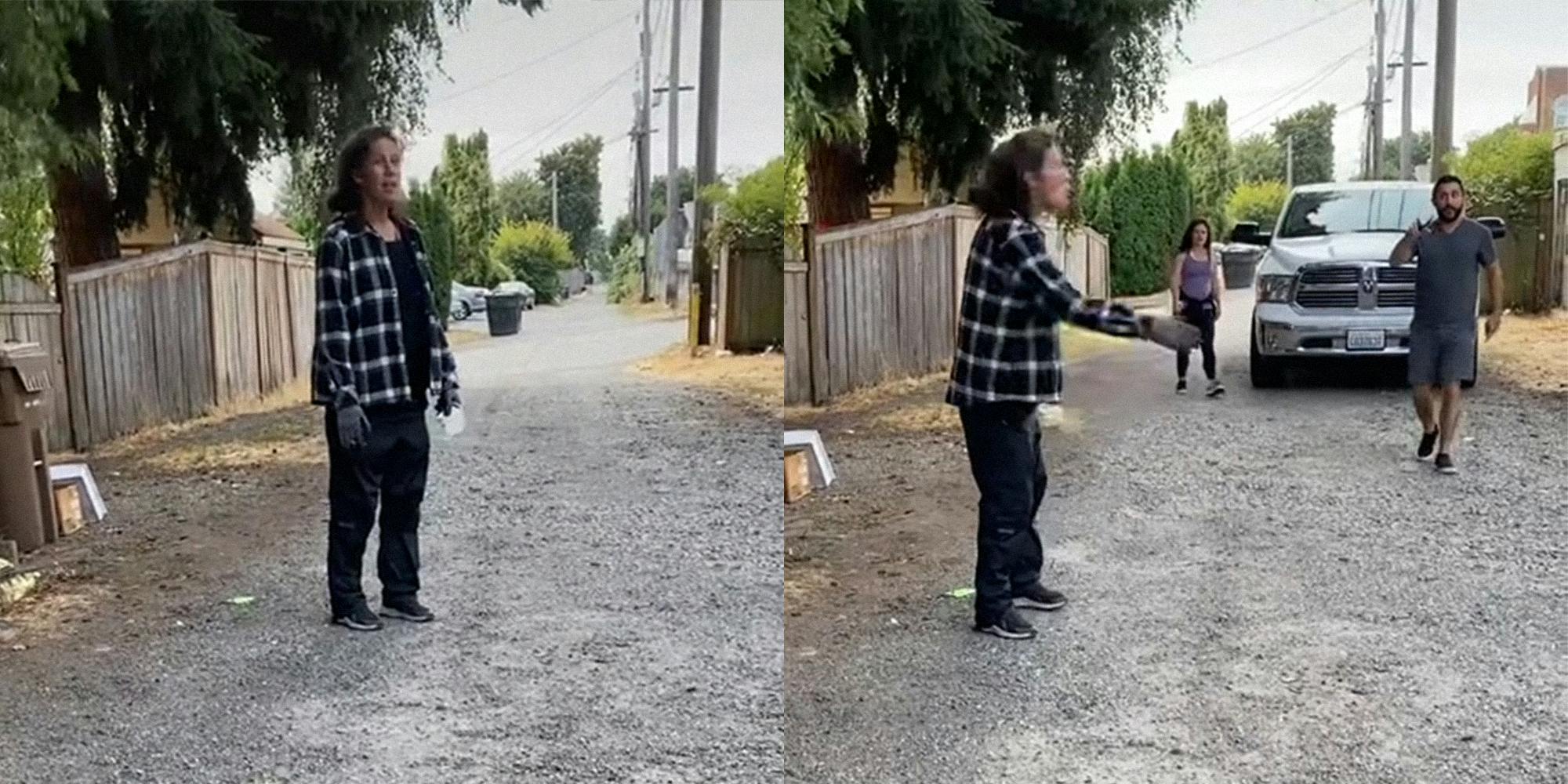 woman standing in alley (l) couple approaching woman from truck (r)