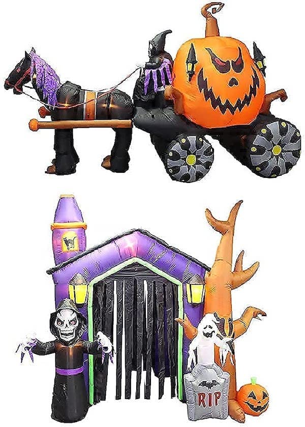 Huge inflatable pumpkin carrage being pulled by a horse and a huge inflatable haunted house with two ghosts