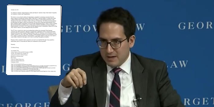 FTC Nominee Alvaro Bedoya next to a letter from advocacy groups urging the Senate to confirm him 'swiftly.'