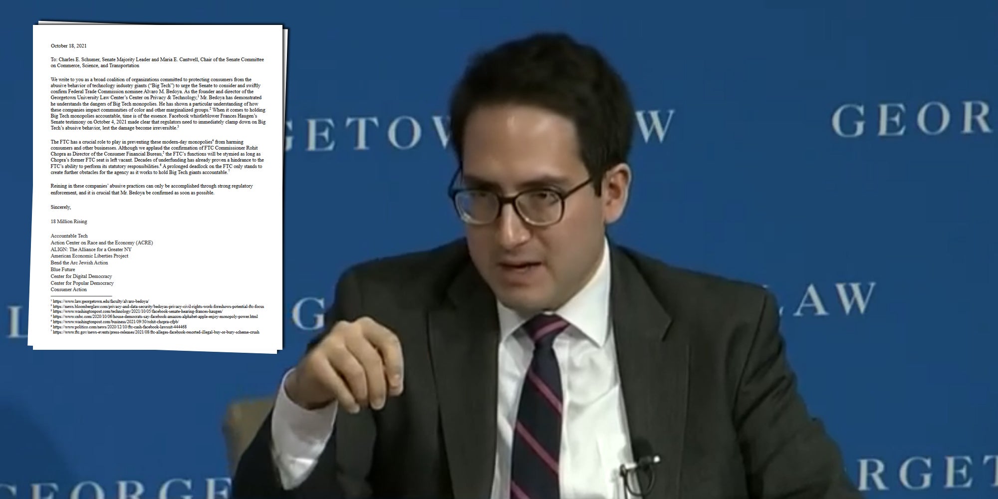 FTC Nominee Alvaro Bedoya next to a letter from advocacy groups urging the Senate to confirm him 'swiftly.'