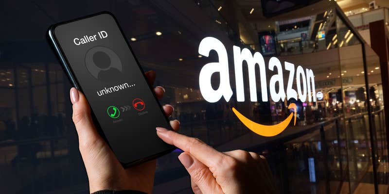 An Amazon logo in the background next to someone getting a scam call.