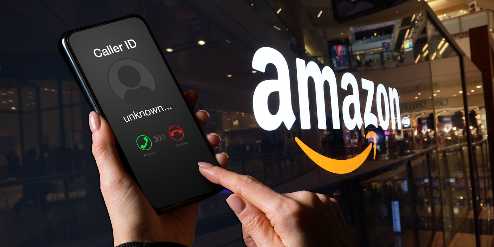 An Amazon logo in the background next to someone getting a scam call.